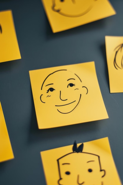 A photo of multiple yellow sticky notes featuring minimalist handdrawn faces using a pen