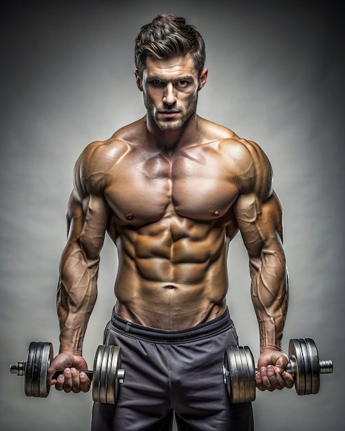 Photo muscular young man lifting a dumbbell over black wall