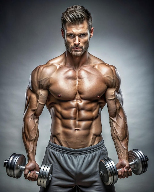 Photo muscular young man lifting a dumbbell over black wall