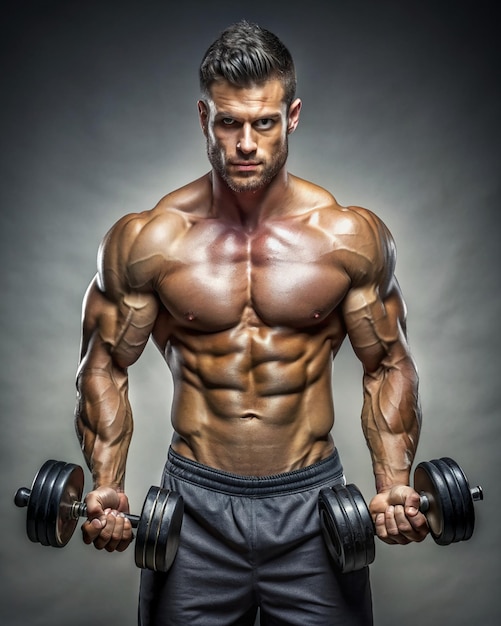 Photo muscular young man lifting a dumbbell over black wall