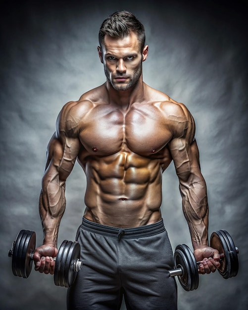 Photo muscular young man lifting a dumbbell over black wall