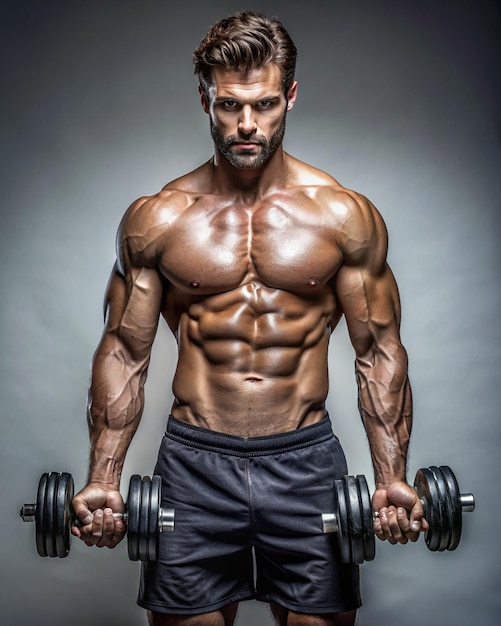 Photo muscular young man lifting a dumbbell over black wall