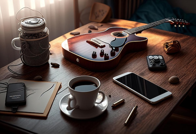 Photo music objects with guitar gadget and coffee on the table in classic style World music day