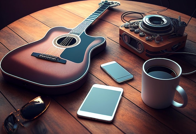 Photo music objects with guitar gadget and coffee on the table in classic style World music day