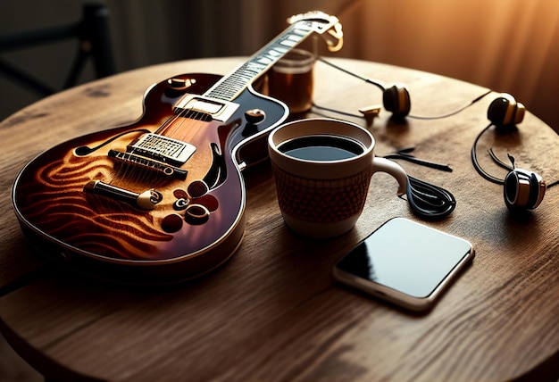 Photo music objects with guitar gadget and coffee on the table in classic style World music day