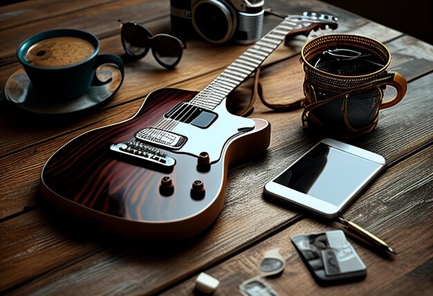 Photo music objects with guitar gadget and coffee on the table in classic style World music day