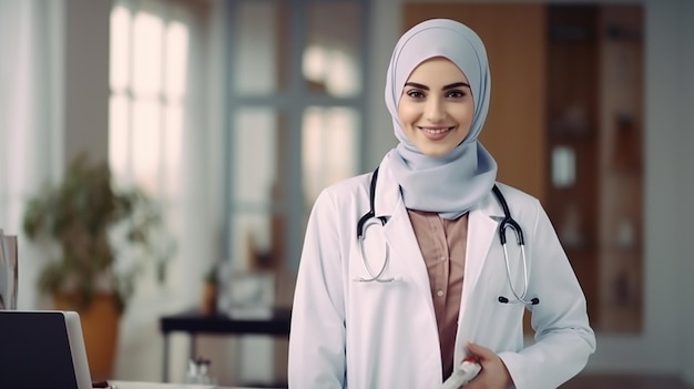 Photo muslim beautiful female doctor in white coat