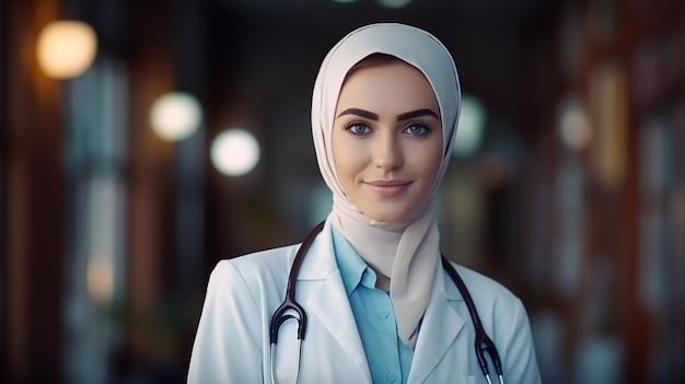 Photo muslim beautiful female doctor in white coat