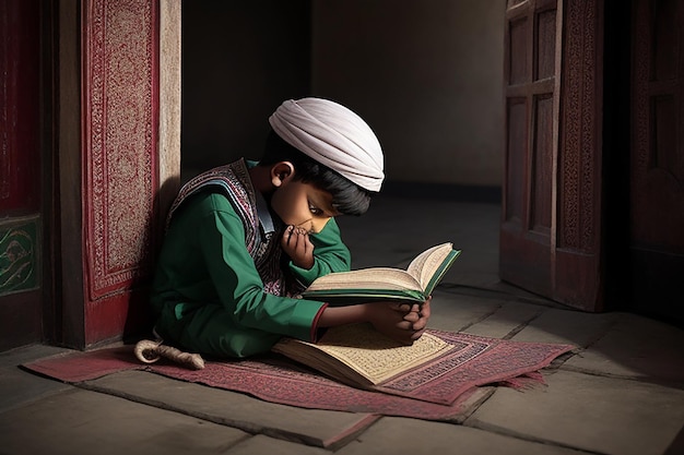 Photo muslim girl and boy reading a holy book quran inside the mosque