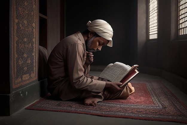 Photo muslim girl and boy reading a holy book quran inside the mosque