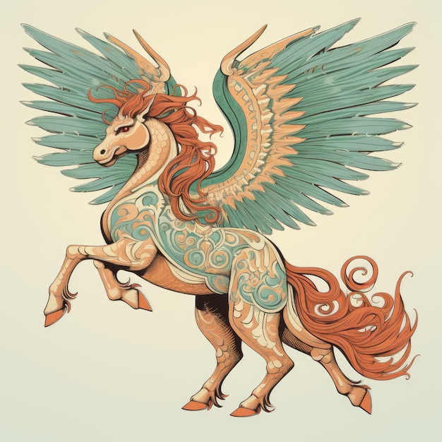 Photo of a mythical creature a winged horse depicted in a detailed drawing