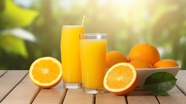 Photo of natural juicy orange fruits and juice with orange farm background