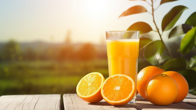 Photo of natural juicy orange fruits and juice with orange farm background