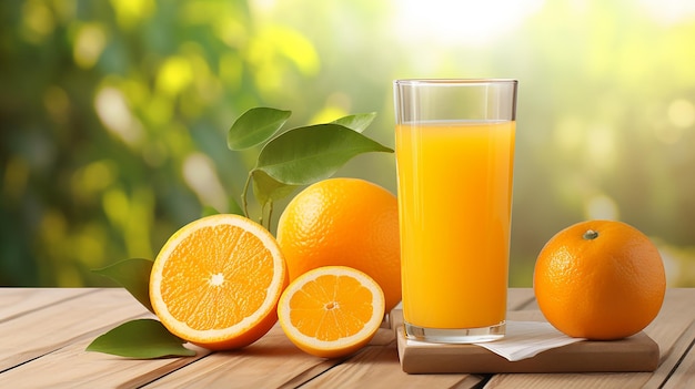 Photo of natural juicy orange fruits and juice with orange farm background