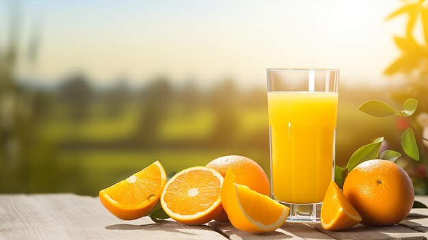 Photo of natural juicy orange fruits and juice with orange farm background