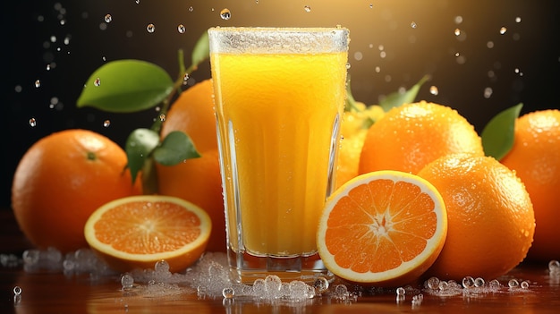 Photo of natural juicy orange fruits and juice with orange farm background