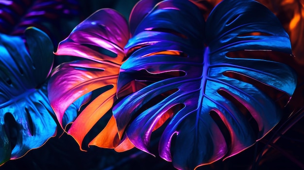 Photo of neon color tropical monstera leaf backgrounds