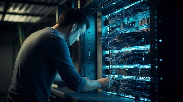 A photo of a network administrator checking server