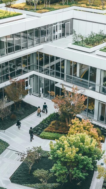 Photo photo of newly built renovated and expanded corporate facility with a birdseye top outdoor exterior view modern architectural style bright daytime lighting wideangle lenses