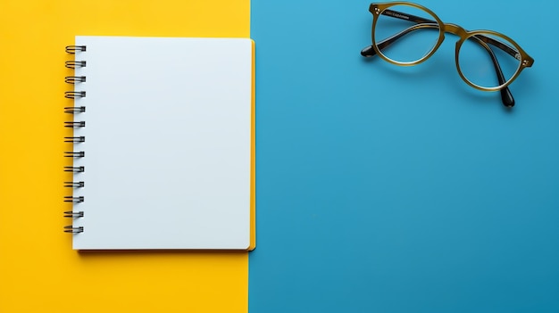 photo notebook eye glasses and cup of coffee on a blue and yellow background