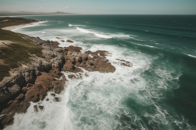 A photo of the ocean and the rocks in the foreground.