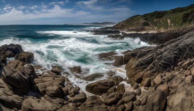 A photo of the ocean and rocks at the headland of the coast of newquay.