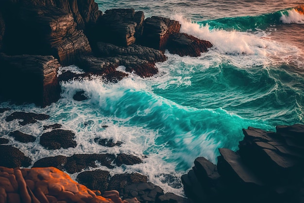 A photo of the ocean and rocks with the words'ocean'on it