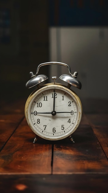 photo of old alarm clocl over wooden table with faded retro eff