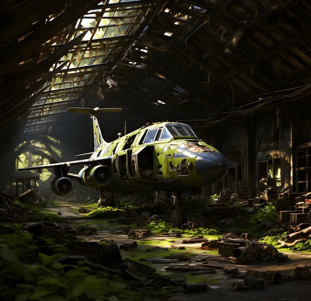 Photo old military plane abandoned in the middle of a dark forest Ai generated