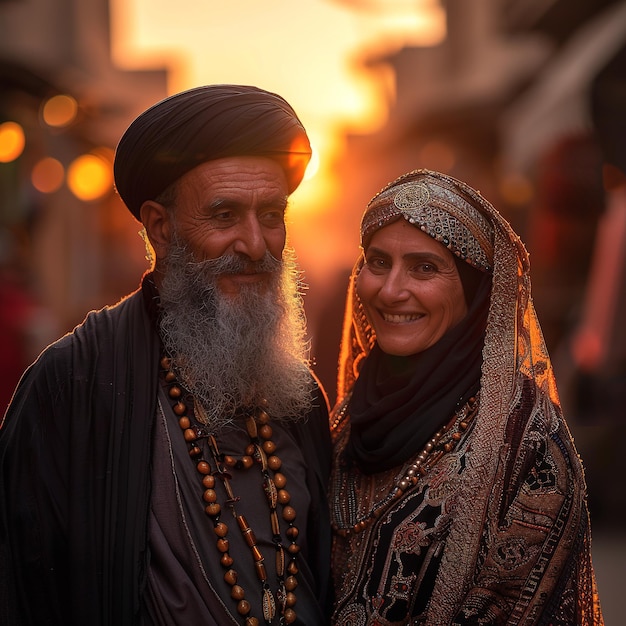 A photo of an old Muslim couple smiling They wear a hijab and turban