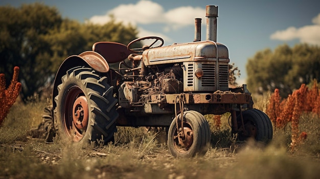 A photo of an old rusty farm tractor in a field