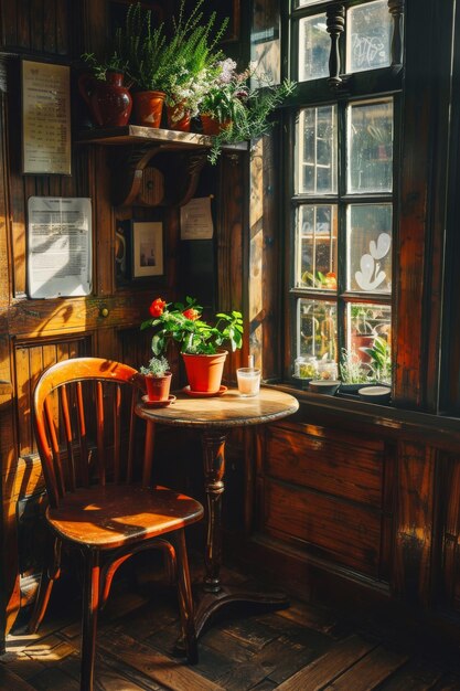 Photo photo of an old vintage cafe in paris with small round tables and chairs window full of plants sunlight streaming through windows