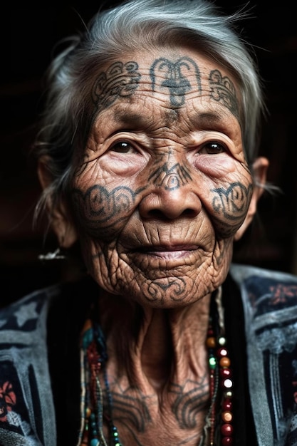 Photo old woman with a tattoos on her face