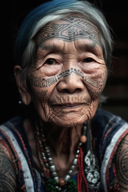 Photo old woman with a tattoos on her face