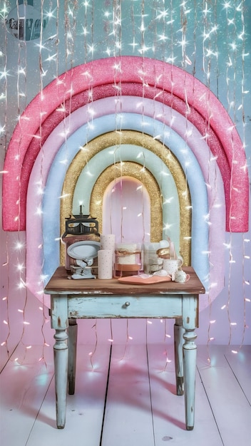 Photo of old wooden table in front of pastel rainbow glitter lights background