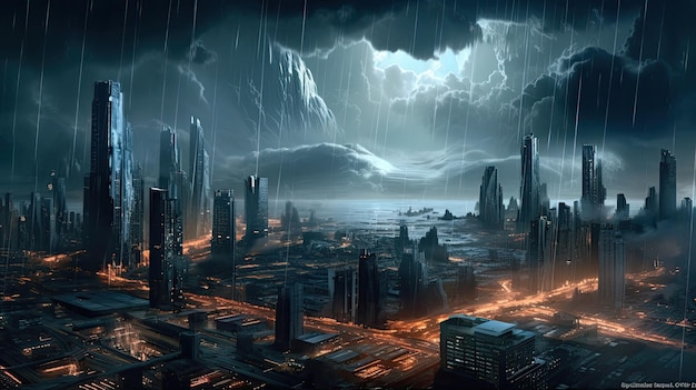 Photo An ominous thundercloud looming over a futuristic citys