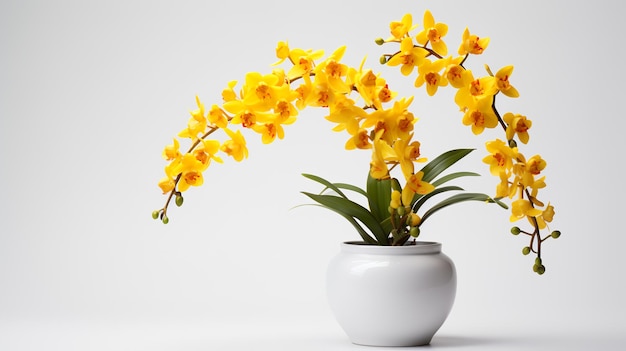 Photo of Oncidium in minimalist pot as houseplant for home decoration on white table