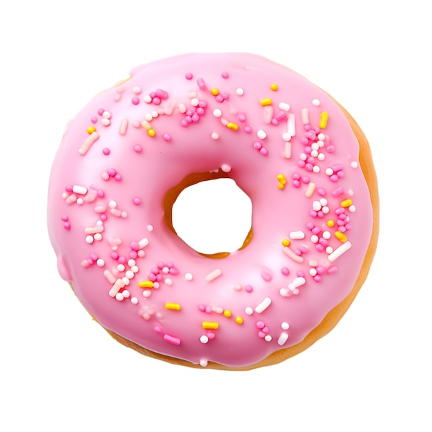 photo of one delicious donut with topping top view isolated on a white background