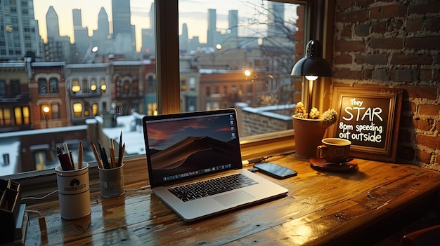 A photo of an open laptop on the desk with a cup of coffee next to it and a phone near the computer