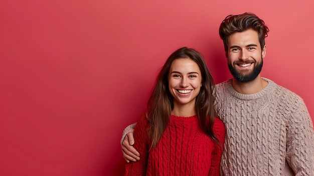 Photo of optimistic brunette nice couple wear sweater on color background