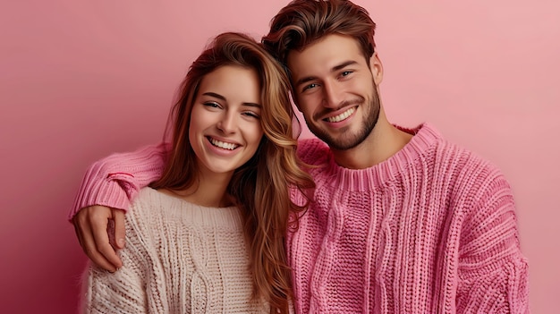 Photo of optimistic brunette nice couple wear sweater on color background