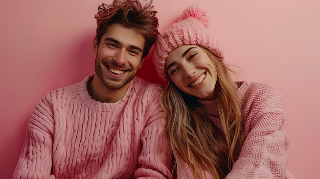 Photo of optimistic brunette nice couple wear sweater on color background