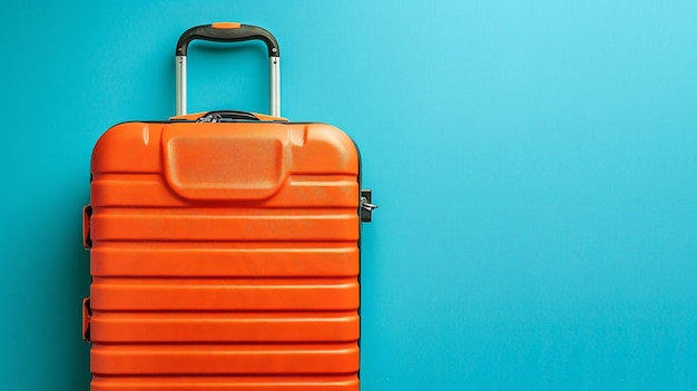 Photo of orange suitcase on blue background with copy space for text