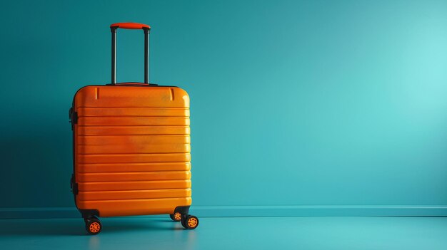 Photo of orange suitcase on blue background with copy space for text