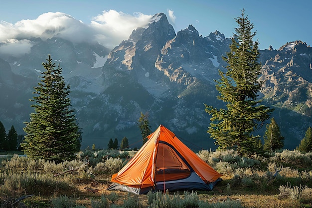 A photo of an orange tent set up on the edge of grand teton national park with majestic mountains i