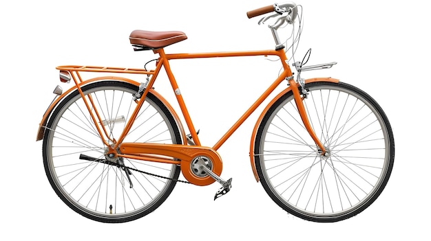 Photo of an orange womens bicycle with a leather seat and pedals on a white background