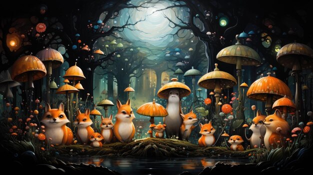 Photo of a painting depicting a forest scene with mushrooms and foxes