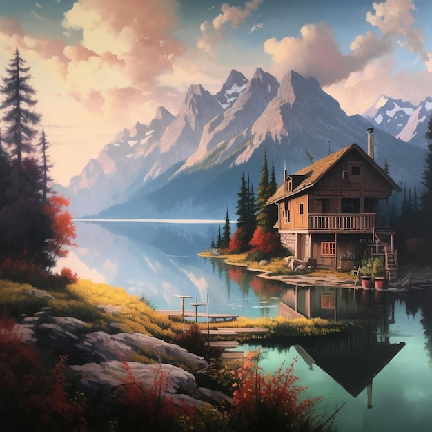 Photo a painting of a house with a lake and mountains in the background ai generated