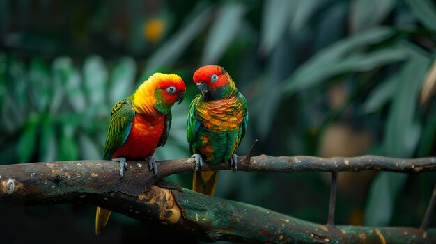 Photo a photo of a pair of parrots perched on a branch