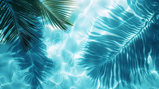 Photo of palm leaves from above which cast a shadow on the clean and transparent sea water